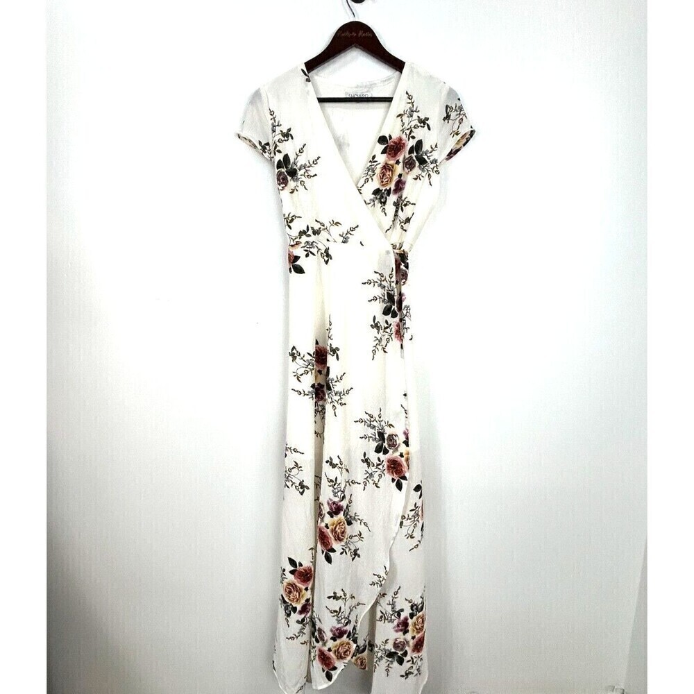 Showpo Womens Size 14 Cream Floral Wrap Coss Maxi Dress Cap Sleeves Flowy T4 - Picture 2 of 12